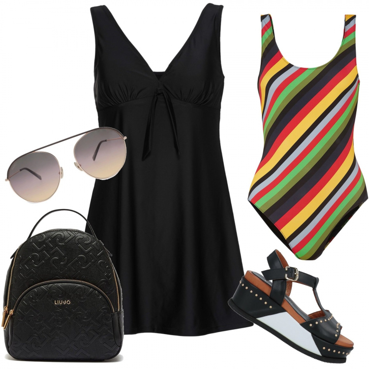 Outfit donna - Il costume a righe. Stile Casual per Mare. Abbinamento con vestiti da spiaggia, sandali in pelle, costumi interi, zaini, occhiali da sole.