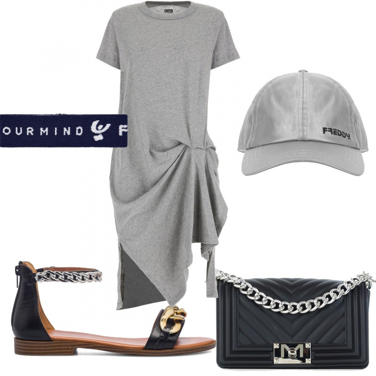 Outfit donna - Freddy sporty summer: sporty- chic. Stile Sporty chic per Tutti i giorni. Abbinamento con borse a tracolla, braccialetti, vestiti lunghi, cappelli con visiera, sandali in pelle.