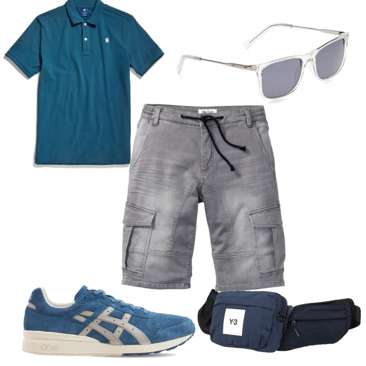 Outfit uomo - Pantaloncini e polo blu. Stile Casual per Tutti i giorni. Abbinamento con bermuda, borse sportive, polo, sneakers, occhiali da sole.