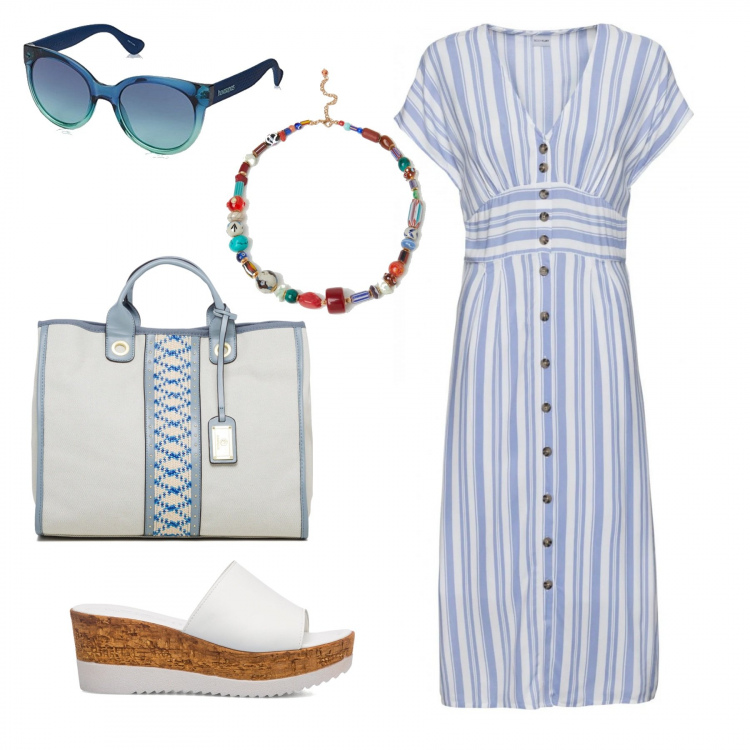 Outfit donna - Abito chemisier di giorno in città. Stile Trendy per Tutti i giorni. Abbinamento con vestiti, collane, sandali in pelle, borse a mano, occhiali da sole.