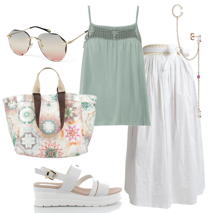Outfit donna - Già in vacanza. Stile Romantica per Tutti i giorni. Abbinamento con top, borse a mano, gonne lunghe, zeppe, orecchini, occhiali da sole.