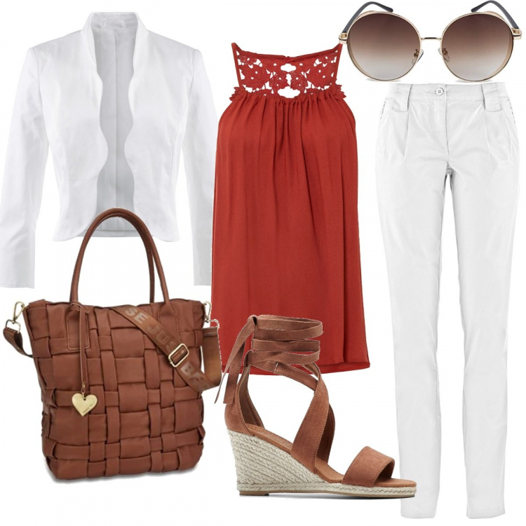 Outfit donna - Riunione di fine giugno. Stile Casual chic per Ufficio. Abbinamento con blazer, top, pantaloni chino, sandali, borse a mano, occhiali da sole.