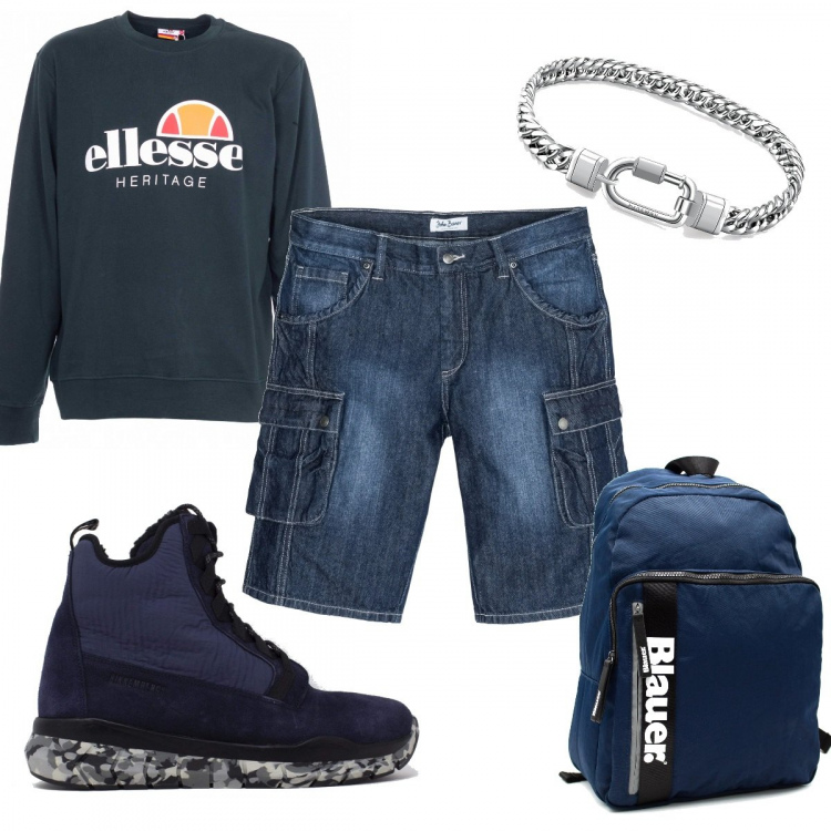 Outfit uomo - Urban in jeans. Stile Urban per Tutti i giorni. Abbinamento con bermuda, sneakers alte, felpe con cappuccio, braccialetti, borse sportive.