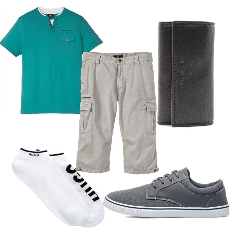 Outfit uomo - La polo verde. Stile Trendy per Tutti i giorni. Abbinamento con bermuda, t-shirt, portachiavi, sneakers, calzini.