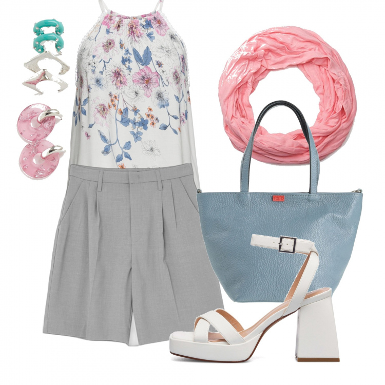 Outfit donna - Tinte pastello coi bermuda. Stile Chic per Tutti i giorni. Abbinamento con top, borse a mano, orecchini, bermuda, sandali in pelle, sciarpe.