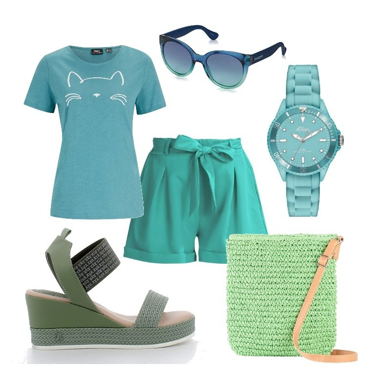 Outfit donna - U can imitate my style not my creativity. Stile Casual per Tutti i giorni. Abbinamento con t-shirt, borse a tracolla, shorts, zeppe, orologi, occhiali da sole.