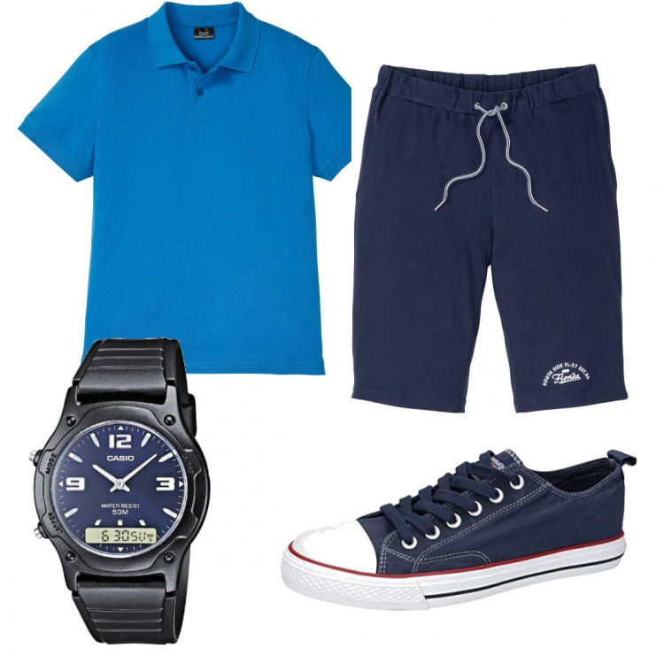 Outfit uomo - Polo blu elettrico. Stile Casual per Tutti i giorni. Abbinamento con bermuda, polo, orologi, sneakers.