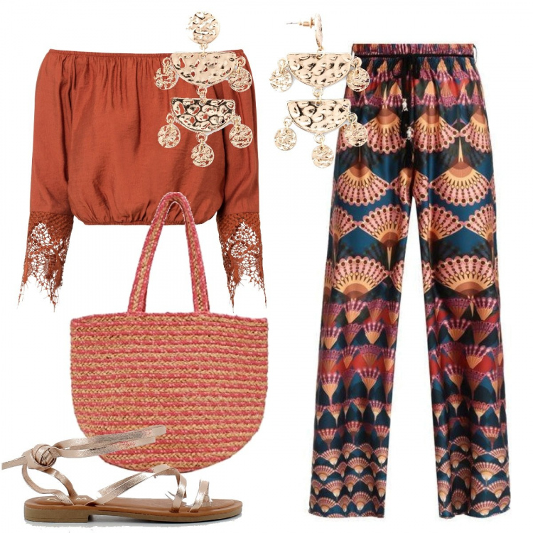 Outfit donna - Spalle scoperte. Stile Etnico per Serata fuori. Abbinamento con vestiti, orecchini, pantaloni a palazzo, sandali alla schiava, borse a tracolla.