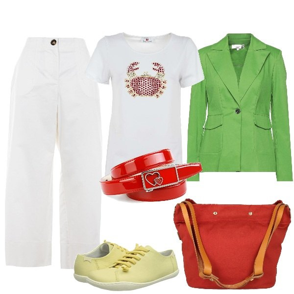Outfit donna - Palazzo e sneakers. Stile Sporty chic per Scuola/Università. Abbinamento con blazer, borse a spalla, t-shirt, pantaloni, cinture, sneakers.