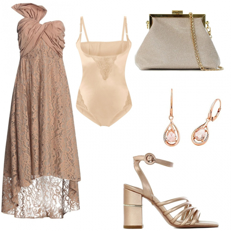 Outfit donna - Cerimonia estiva. Stile Glamour per Cerimonia. Abbinamento con body, vestiti midi/longuette, sandali in pelle, pochette, orecchini.