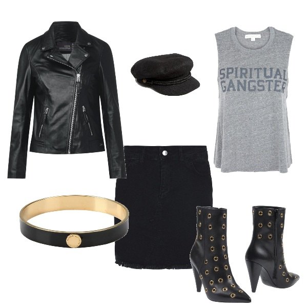 Outfit donna - Soul Rock in Berlin. Stile Rock per Tutti i giorni. Abbinamento con stivaletti con zip interno in pelle a punta in pelle tinta unita, gonna con zip interno sfoderato in denim tinta unita, top con stampa collo tondo senza maniche jersey, bracciale in ottone, cappotto nero, cappello con visiera in paglia twill nero.