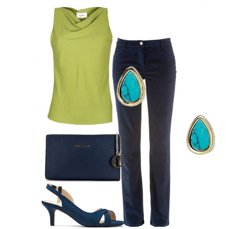 Outfit donna - Casual chic #12850. Stile Casual chic per Ufficio. Abbinamento con pantaloni, sandali in pelle, top, pochette, orecchini.