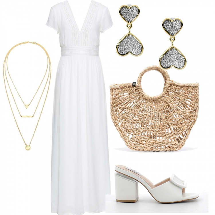 Outfit donna - Abito con pizzo e scollo profondo. Stile Romantica per Mare. Abbinamento con vestiti lunghi, borse tote, sandali in pelle, collane, orecchini.