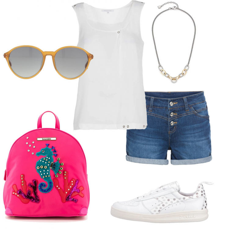 Outfit donna - Luglio col bene che ti voglio!. Stile Casual chic per Tutti i giorni. Abbinamento con shorts, sneakers, occhiali da sole, top, zaini, maglieria.