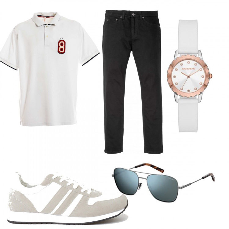 Outfit uomo - La polo casual. Stile Casual per Tutti i giorni. Abbinamento con jeans slim fit, polo, sneakers, occhiali da sole, orologi.