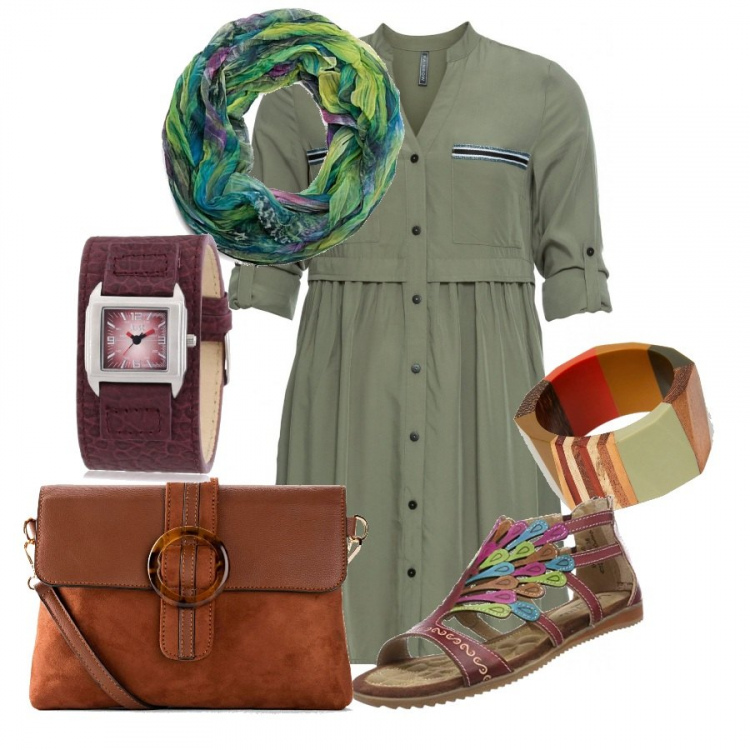Outfit donna - Se fosse uno chemisier.... Stile Casual per Tutti i giorni. Abbinamento con vestiti chemisier, borse a tracolla, braccialetti, sandali alla schiava, orologi, foulard.