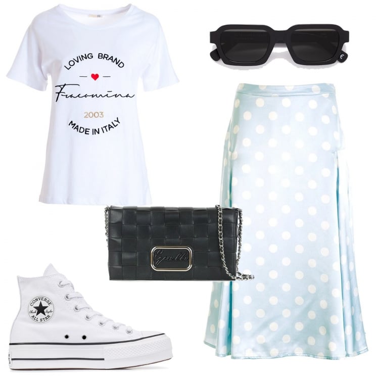 Outfit donna - Gonna raso in modo casual. Stile Casual per Tutti i giorni. Abbinamento con sneakers alte, borse a tracolla, occhiali da sole, gonne longuette, t-shirt.
