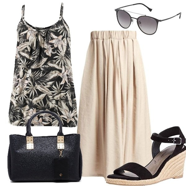 Outfit donna - L\'estate è una cosa semplice. Stile Casual per Tutti i giorni. Abbinamento con top, gonne lunghe, borse a mano, sandali in pelle, occhiali da sole.