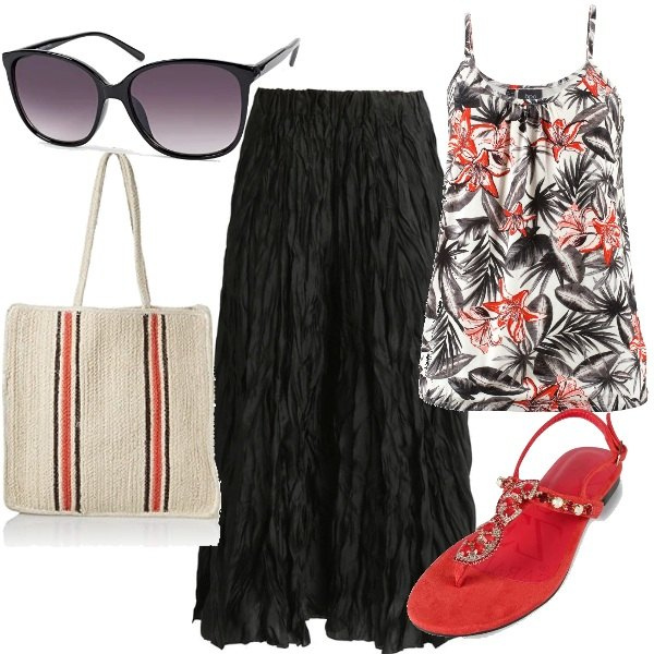 Outfit donna - Plus size stropicciata e tropical. Stile Casual per Tutti i giorni. Abbinamento con top, pantaloni, sandali gioiello, occhiali da sole, shopping bag.