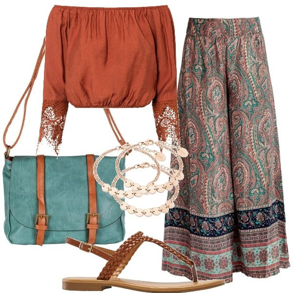 Outfit donna - Plus size etnico. Stile Etnico per Tutti i giorni. Abbinamento con vestiti, ciabatte, pantaloni, borse a tracolla, braccialetti.
