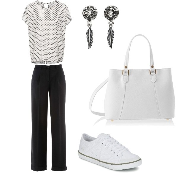 Outfit donna - Trendy #17172. Stile Trendy per Tutti i giorni. Abbinamento con pantaloni, blusa fantasia a maniche corte bianco, scarpe bianco, shopping bag bianco, orecchini a perno farfallina effetto lucido argento.