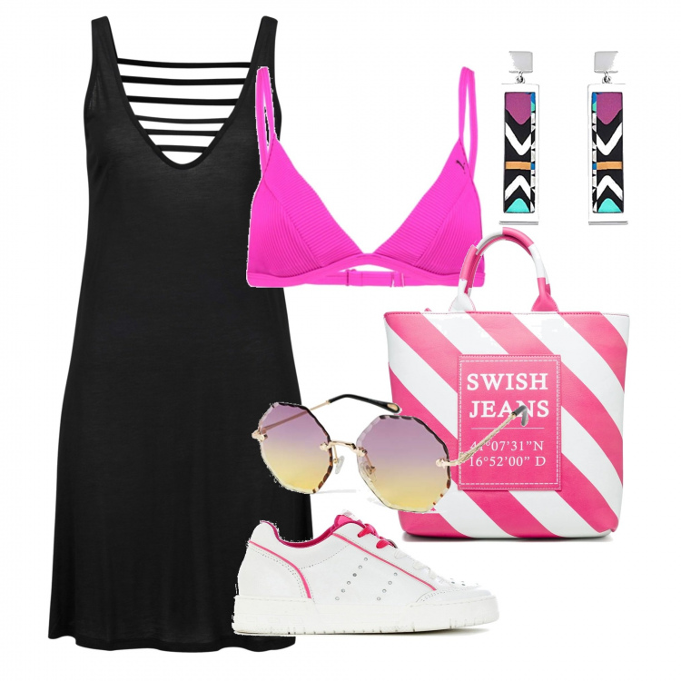 Outfit donna - Urban al mare. Stile Urban per Mare. Abbinamento con vestiti da spiaggia, sneakers, shopping bag, bikini, orecchini, occhiali da sole.