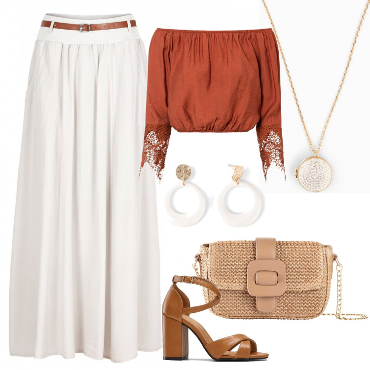 Outfit donna - Curvy, Summer Party. Stile Trendy per Serata fuori. Abbinamento con vestiti, gonne lunghe, sandali col tacco, borse a tracolla, orecchini, collane.