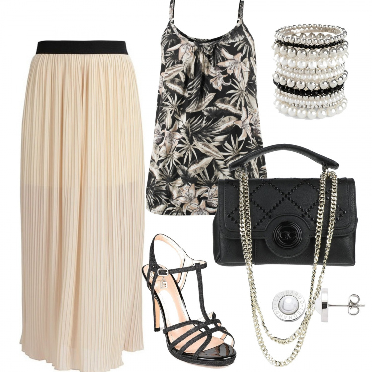 Outfit donna - Serata. Stile Casual chic per Serata fuori. Abbinamento con top, braccialetti, borse a mano, minigonne, sandali in pelle, orecchini.