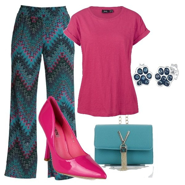 Outfit donna - Etnico chic. Stile Etnico per Serata fuori. Abbinamento con t-shirt, pantaloni a palazzo, décolleté, clutch, orecchini.