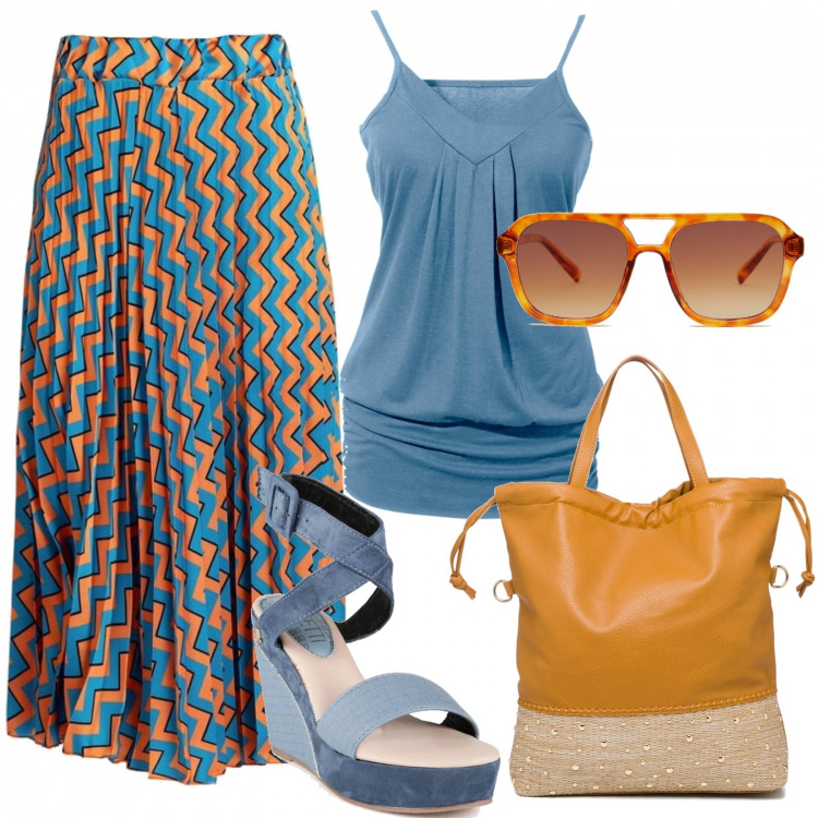 Outfit donna - Estate trendy. Stile Trendy per Tutti i giorni. Abbinamento con top, gonne lunghe, sandali in pelle, occhiali da sole, borse a spalla.