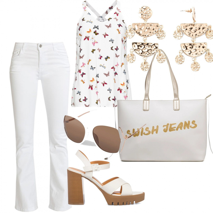Outfit donna - Una mattina estiva. Stile Casual per Tutti i giorni. Abbinamento con top, occhiali da sole, orecchini, pantaloni, sandali in pelle, borse a spalla.