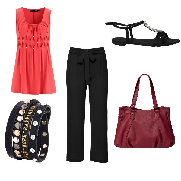 Outfit donna - Basic #11829. Stile Basic per Tutti i giorni. Abbinamento con vestiti chemisier, pantaloni capri, bracciale con strass e stampa con borchie in pelle sintetica nero, borsa a mano rosso, sandali in pelle sintetica.