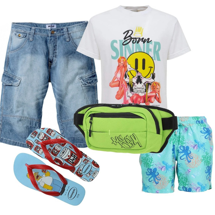 Outfit uomo - Total look #1363915. Stile Casual per Mare. Abbinamento con bermuda, borse sportive, costumi, sandali, t-shirt.