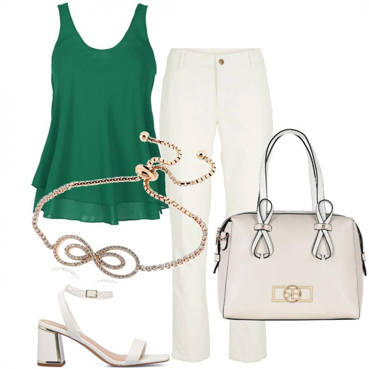 Outfit donna - Casual chic #13108. Stile Casual chic per Ufficio. Abbinamento con maglieria, top, borse a mano, sandali in pelle, braccialetti.