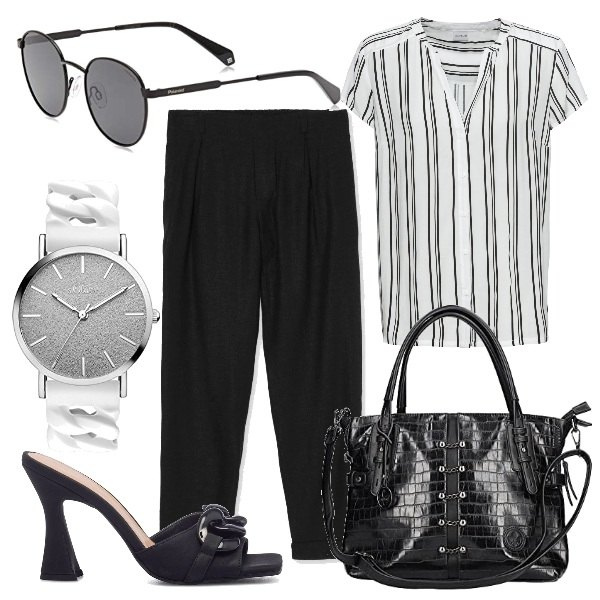 Outfit donna - Casa lavoro ufficio. Stile Casual chic per Tutti i giorni. Abbinamento con camicie a manica corta, pantaloni, sandali in pelle, shopping bag, occhiali da sole, orologi.