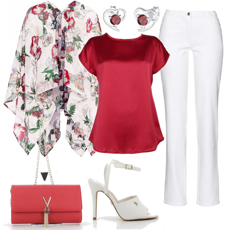 Outfit donna - Un ricevimento informale. Stile Chic per Cerimonia. Abbinamento con pantaloni, cappotti, bluse, sandali in pelle, clutch, orecchini.