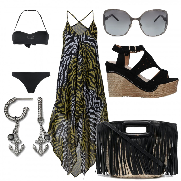 Outfit donna - Mare mare mare. Stile Casual per Mare. Abbinamento con vestiti da spiaggia, sandali col tacco, occhiali da sole, bikini, borse tote, orecchini.