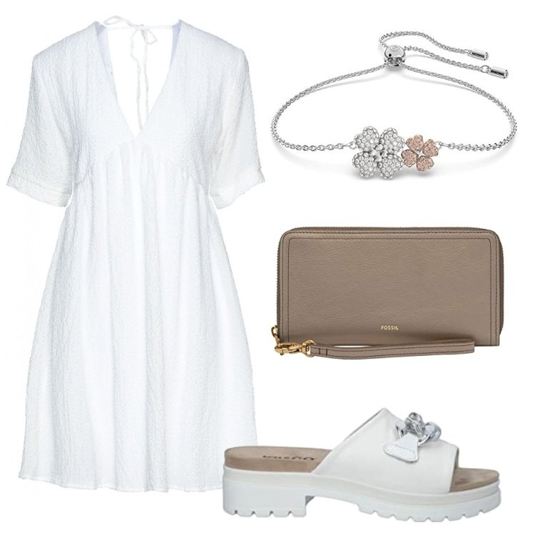 Outfit mujer - De blanco. Estilo Trendy para Todos los días. Combinación con pulseras, sandalias, pochette, vestidos cortos.