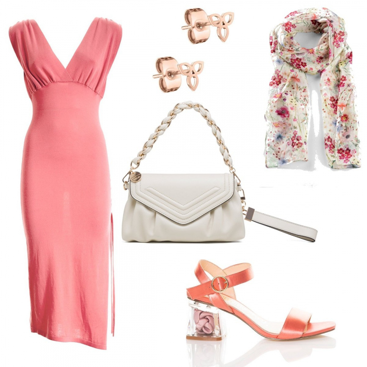 Outfit donna - Più tardi aperitivo. Stile Bon Ton per Serata fuori. Abbinamento con foulard, vestiti midi/longuette, sandali col tacco, clutch, orecchini.