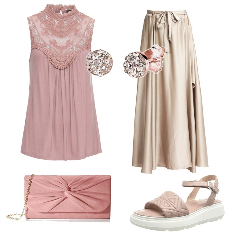 Outfit donna - Un accostamento raffinato. Stile Bon Ton per Serata fuori. Abbinamento con top, gonne lunghe, sandali, orecchini, pochette.