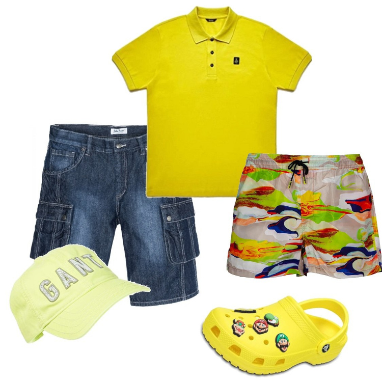 Outfit uomo - Total look #1364724. Stile Casual per Mare. Abbinamento con bermuda, polo, costumi, sandali, cappelli con visiera.