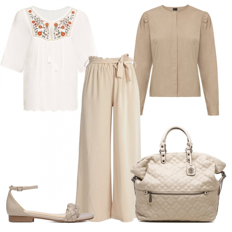 Outfit donna - Mood classy. Stile Bon Ton per Ufficio. look ideale per Petite. Abbinamento con tuniche, camicie, pantaloni culotte, sandali in pelle, borse a mano.