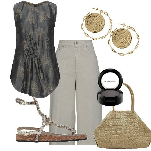 Outfit donna - Mix di stili estate sera. Stile Casual chic per Serata fuori. Abbinamento con infradito, top, jeans, orecchini, borse a mano, ombretti.