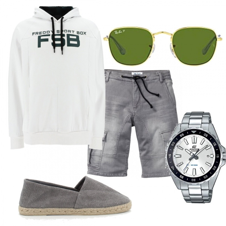 Outfit uomo - Casual #13164. Stile Casual per Tutti i giorni. Abbinamento con bermuda, felpe con cappuccio, espadrillas, orologi, occhiali da sole.