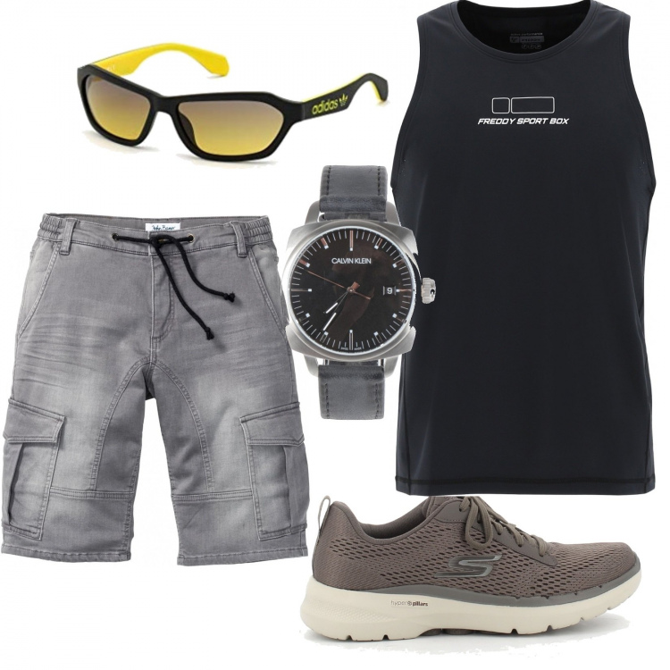Outfit uomo - Molto Easy!. Stile Trendy per Tutti i giorni. Abbinamento con bermuda, orologi, canottiere, sneakers, occhiali da sole.