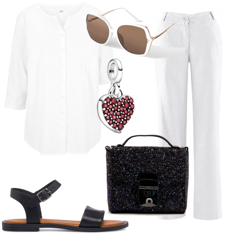 Outfit donna - Mood classy per l\'estate. Stile Glamour per Cerimonia. Abbinamento con camicie, pantaloni, occhiali da sole, borse a tracolla, sandali in pelle, ciondoli.