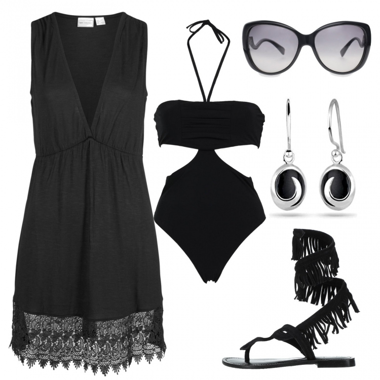 Outfit donna - Al mare in total black. Stile Etnico per Mare. Abbinamento con vestiti da spiaggia, costumi interi, infradito, occhiali da sole, orecchini.