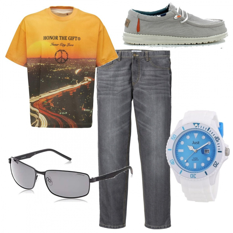 Outfit uomo - Total look #1365323. Stile Urban per Tutti i giorni. Abbinamento con jeans dritti, scarpe stringate, orologi, occhiali da sole, t-shirt.