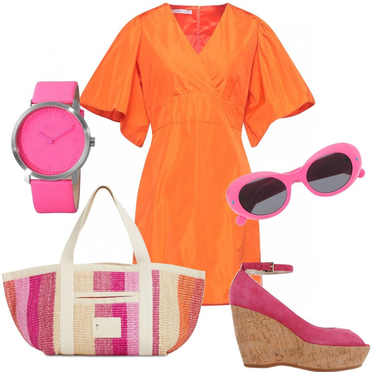 Outfit donna - I colori dell’estate. Stile Casual chic per Tutti i giorni. Abbinamento con décolleté, vestiti corti, occhiali da sole, shopping bag, orologi.