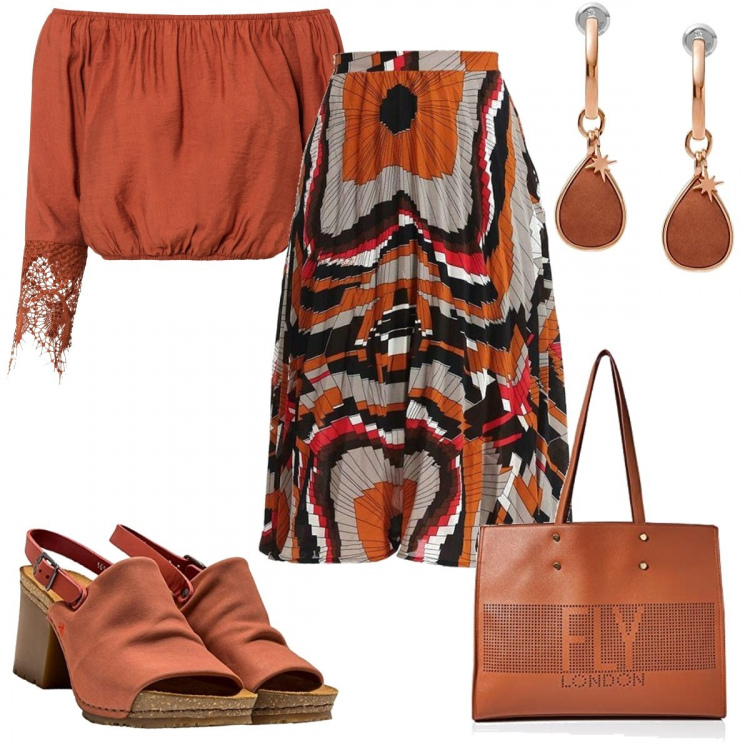 Outfit donna - Arancio imperat. Stile Casual per Tutti i giorni. Abbinamento con vestiti, gonne lunghe, sandali in pelle, borse a mano, orecchini.